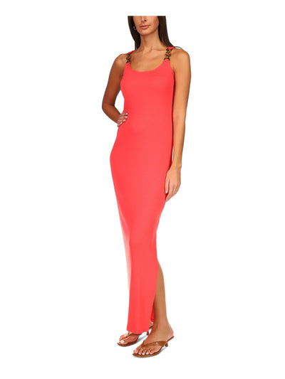 MICHAEL MICHAEL KORS Womens Coral Ribbed Slitted Ring Detail Unlined Sleeveless Scoop Neck Maxi Sheath Dress M