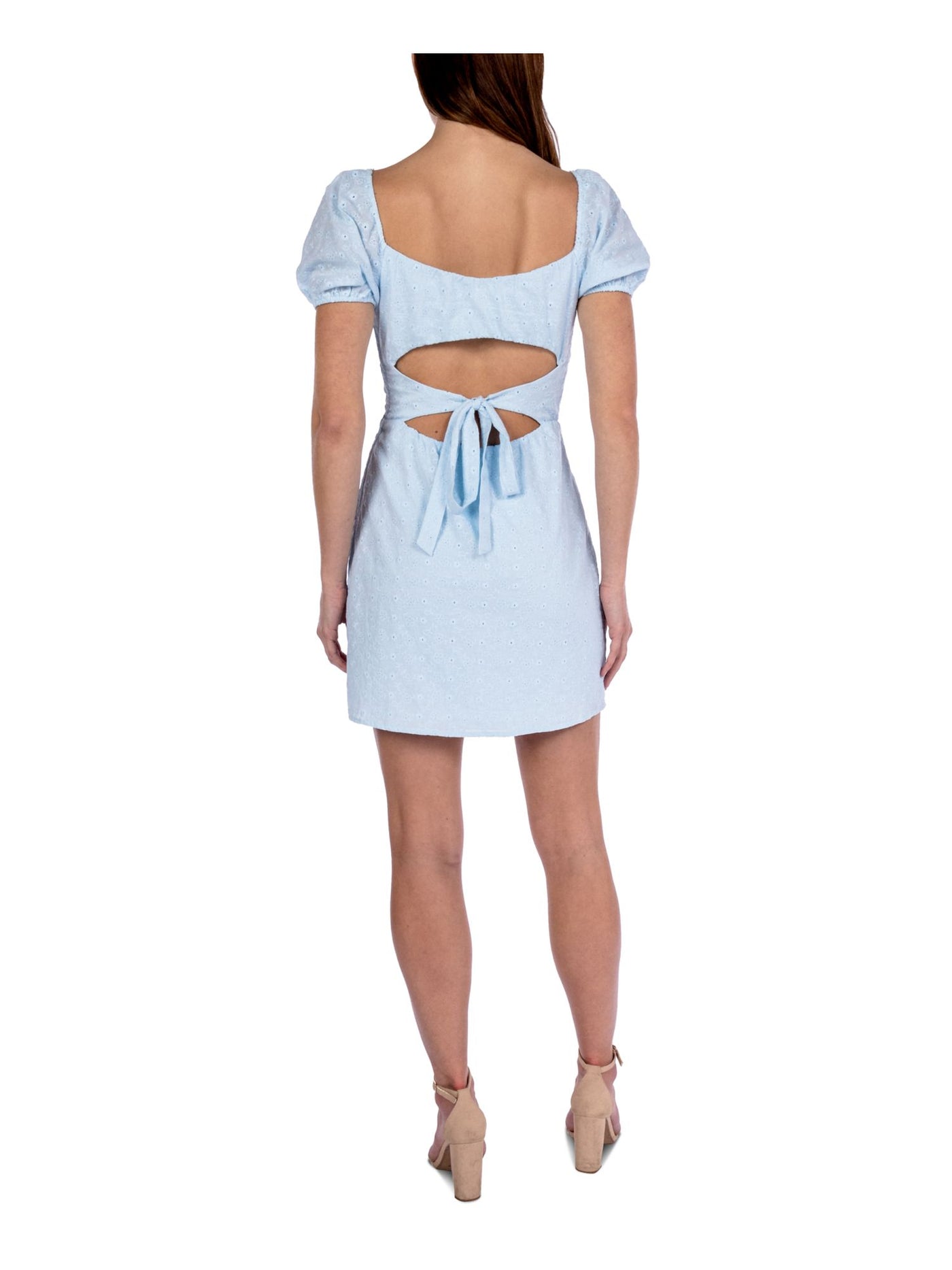 B DARLIN Womens Light Blue Zippered Cut Out Tie-back Lined Short Sleeve Square Neck Mini Party Fit + Flare Dress Juniors 13\14