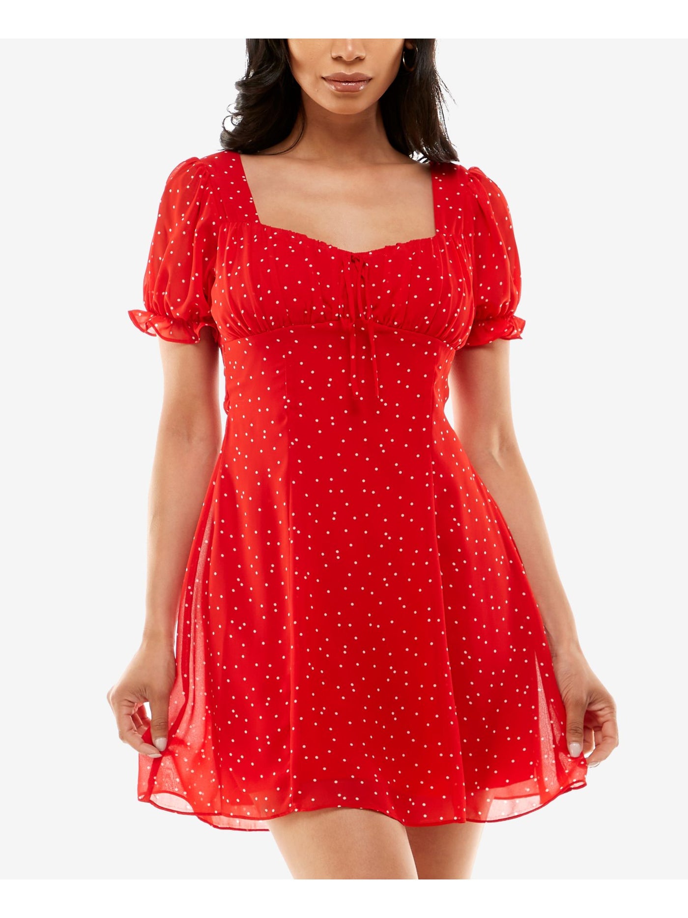 B DARLIN Womens Red Ruffled Lined Polka Dot Short Sleeve Sweetheart Neckline Mini Evening A-Line Dress Juniors 5\6