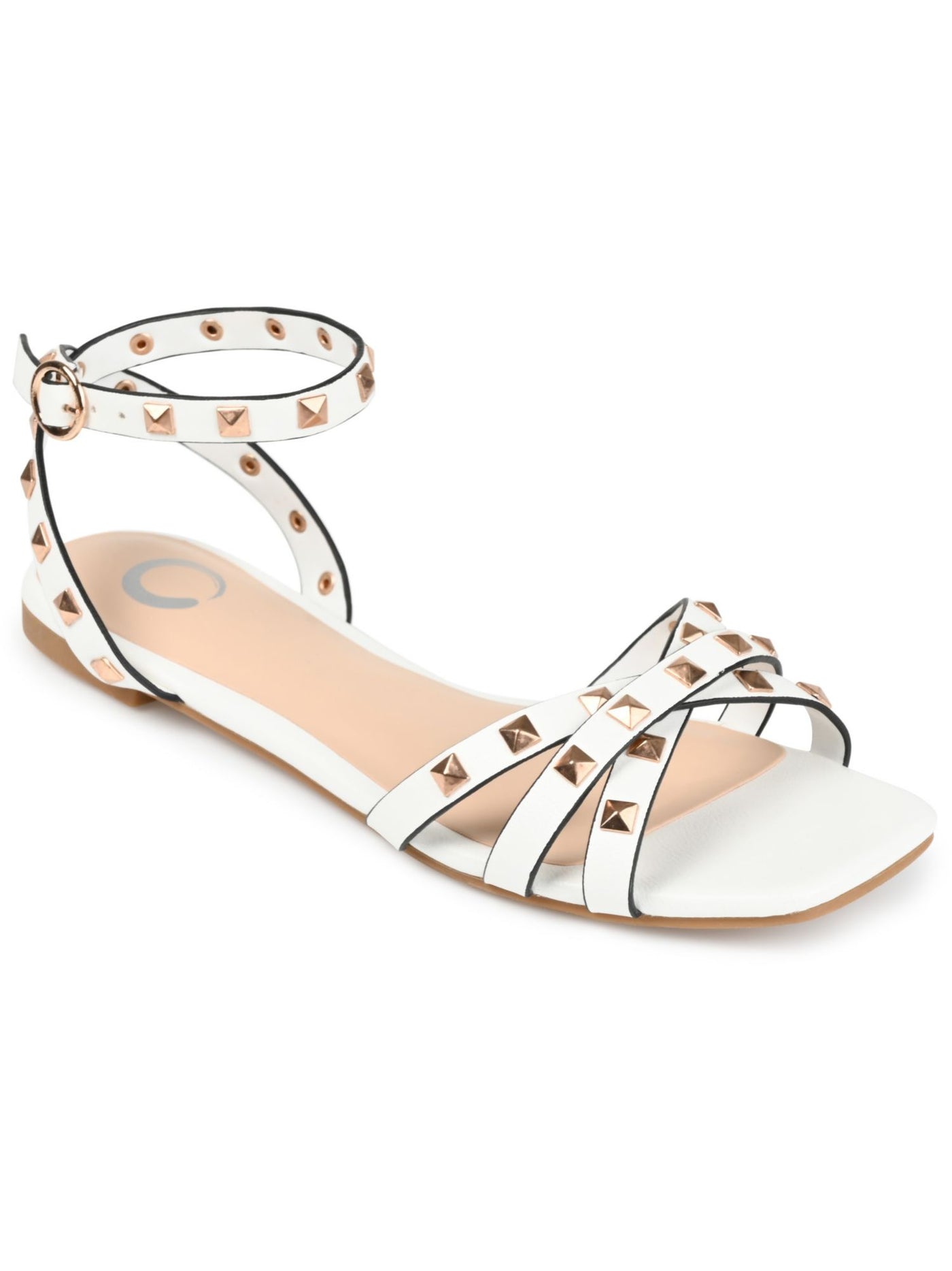 JOURNEE COLLECTION Womens White Studded Strappy Cushioned Adjustable Ankle Strap Zendaya Square Toe Block Heel Buckle Sandals Shoes 10