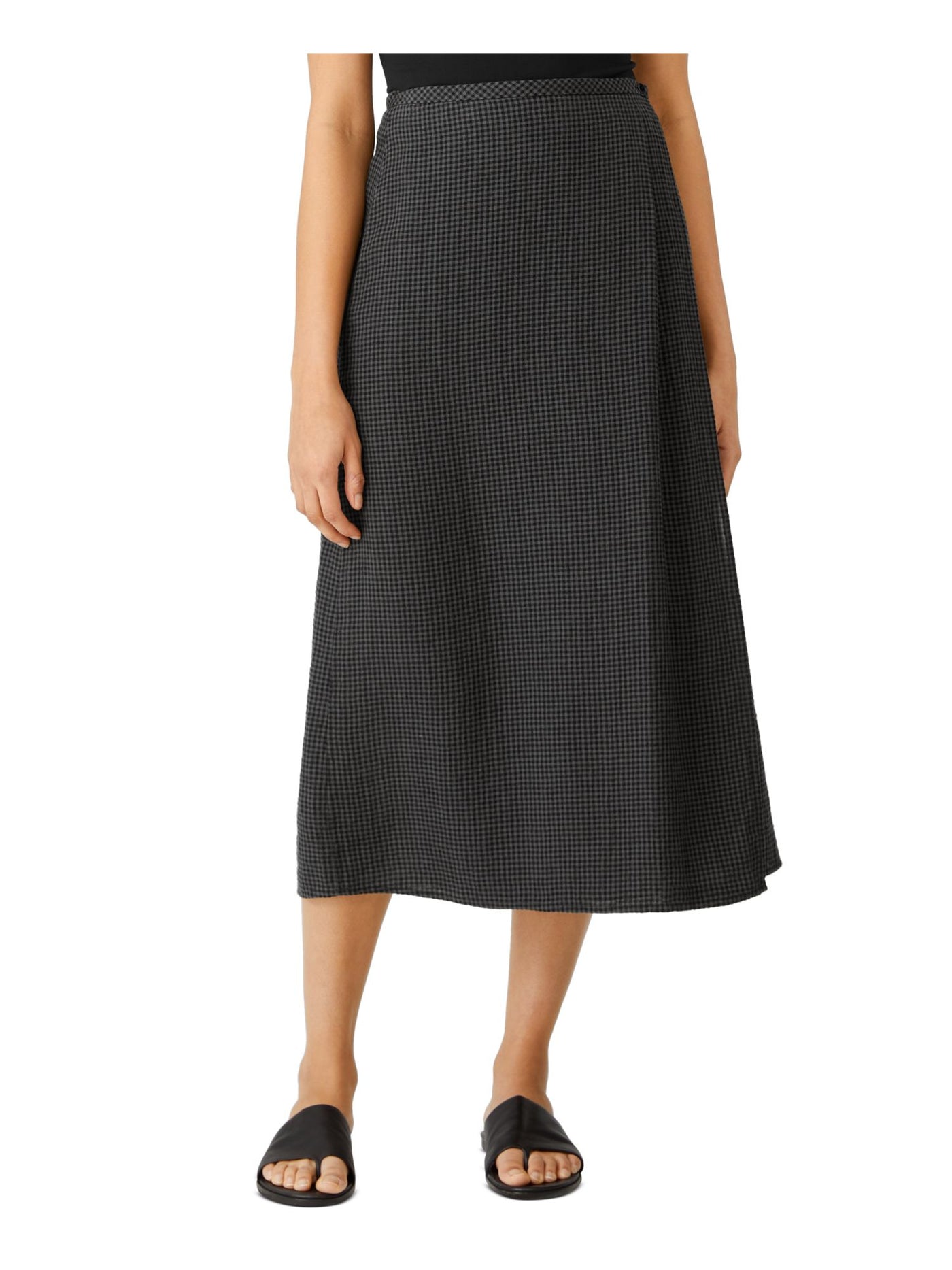 EILEEN FISHER Womens Black Sheer Unlined Button Closure Pleated Check Midi Wrap Skirt L