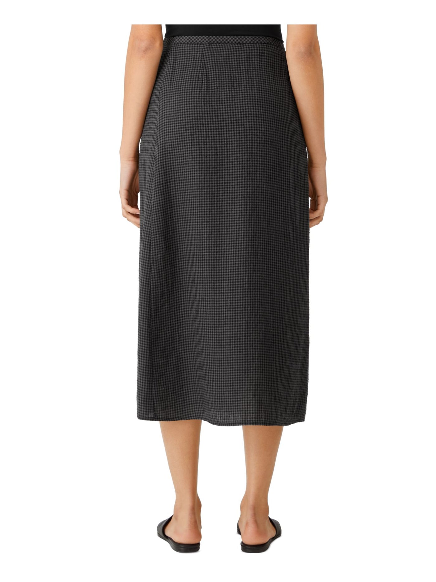 EILEEN FISHER Womens Black Sheer Unlined Button Closure Pleated Check Midi Wrap Skirt L