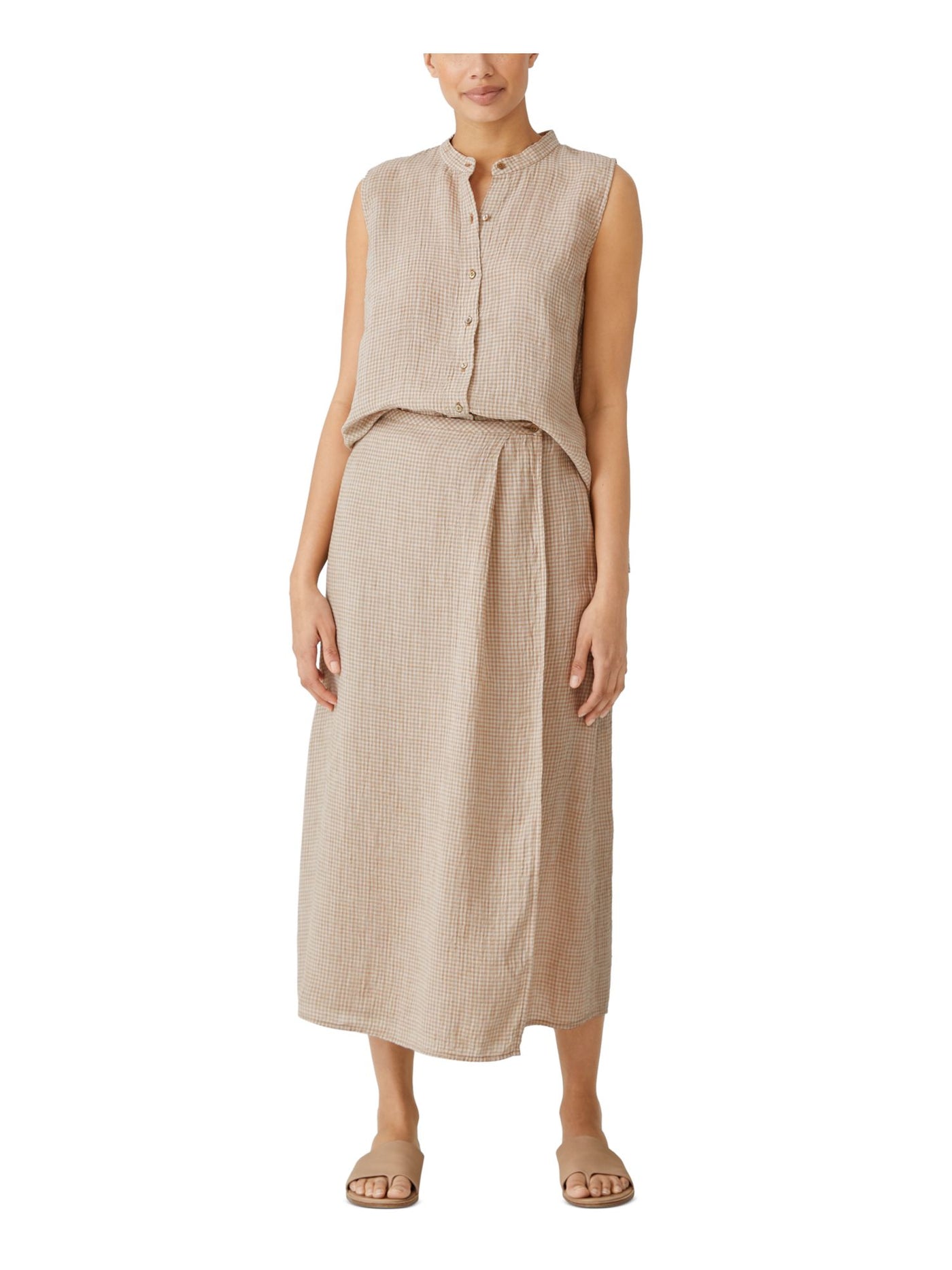 EILEEN FISHER Womens Beige Sheer Unlined Button Closure Pleated Check Midi Wrap Skirt S\P