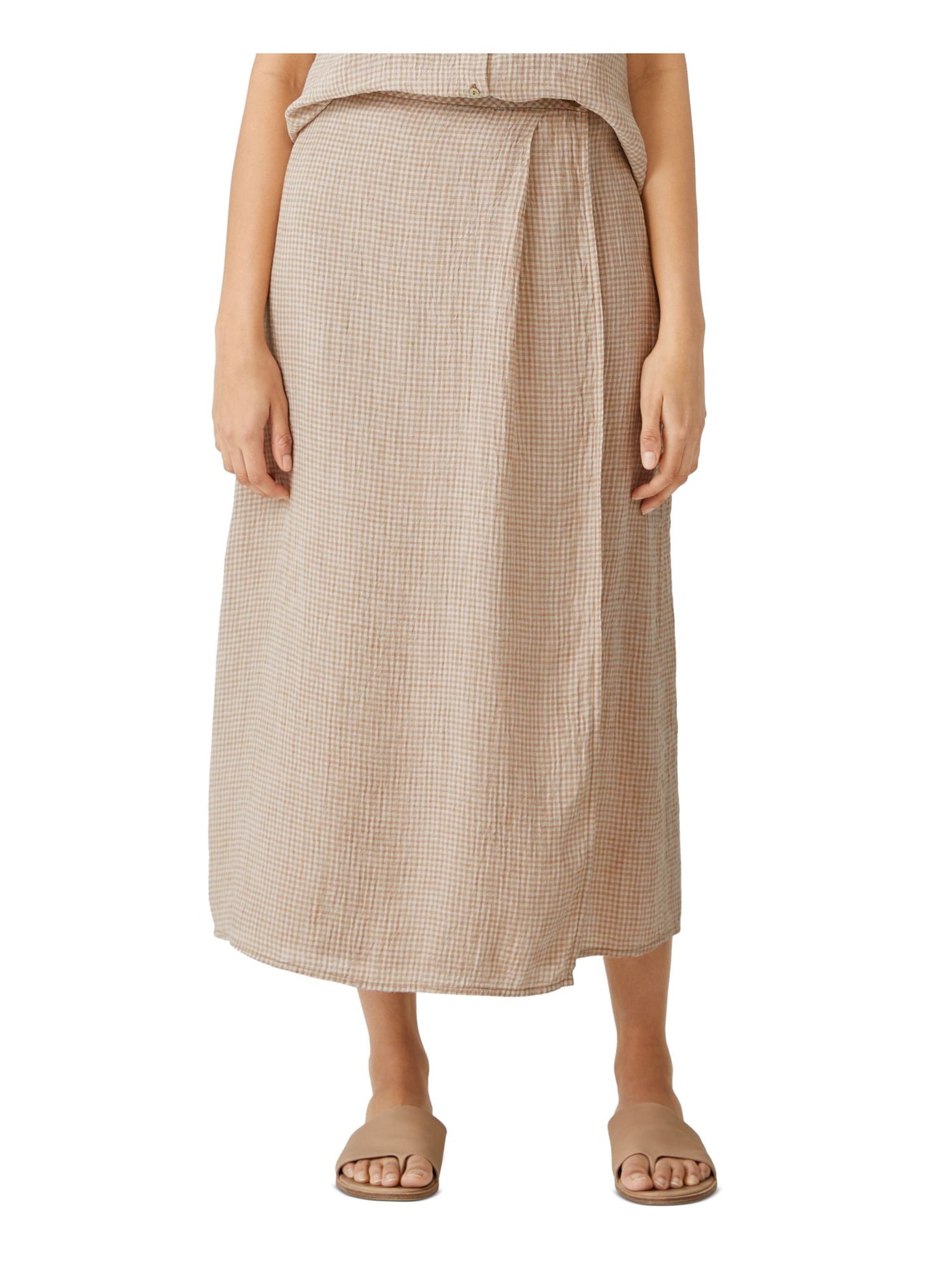 EILEEN FISHER Womens Beige Sheer Unlined Button Closure Pleated Check Midi Wrap Skirt S\P