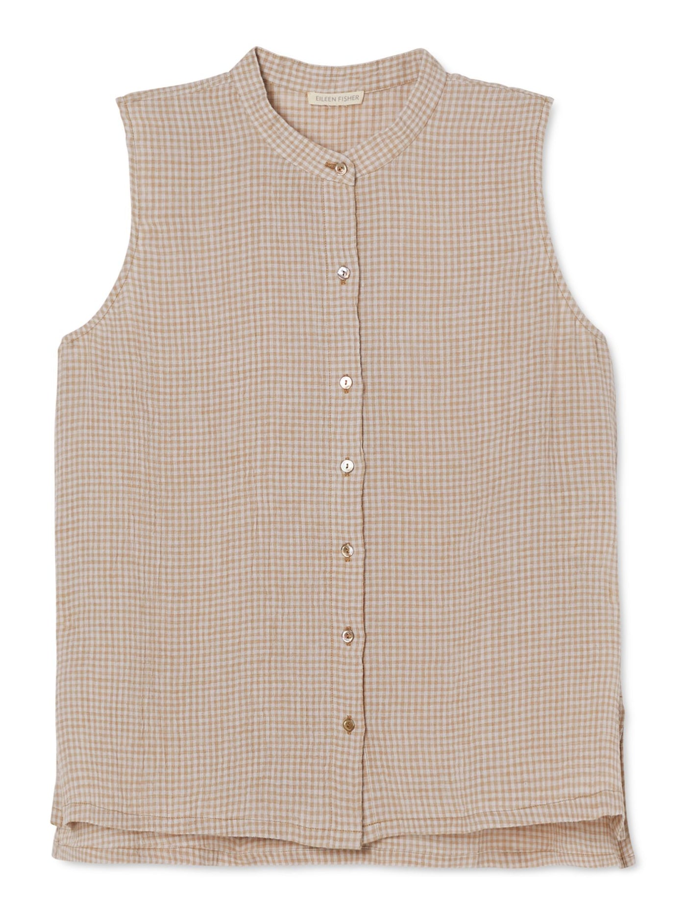 EILEEN FISHER Womens Beige Unlined Vented Hem Check Sleeveless Button Up Top S\P