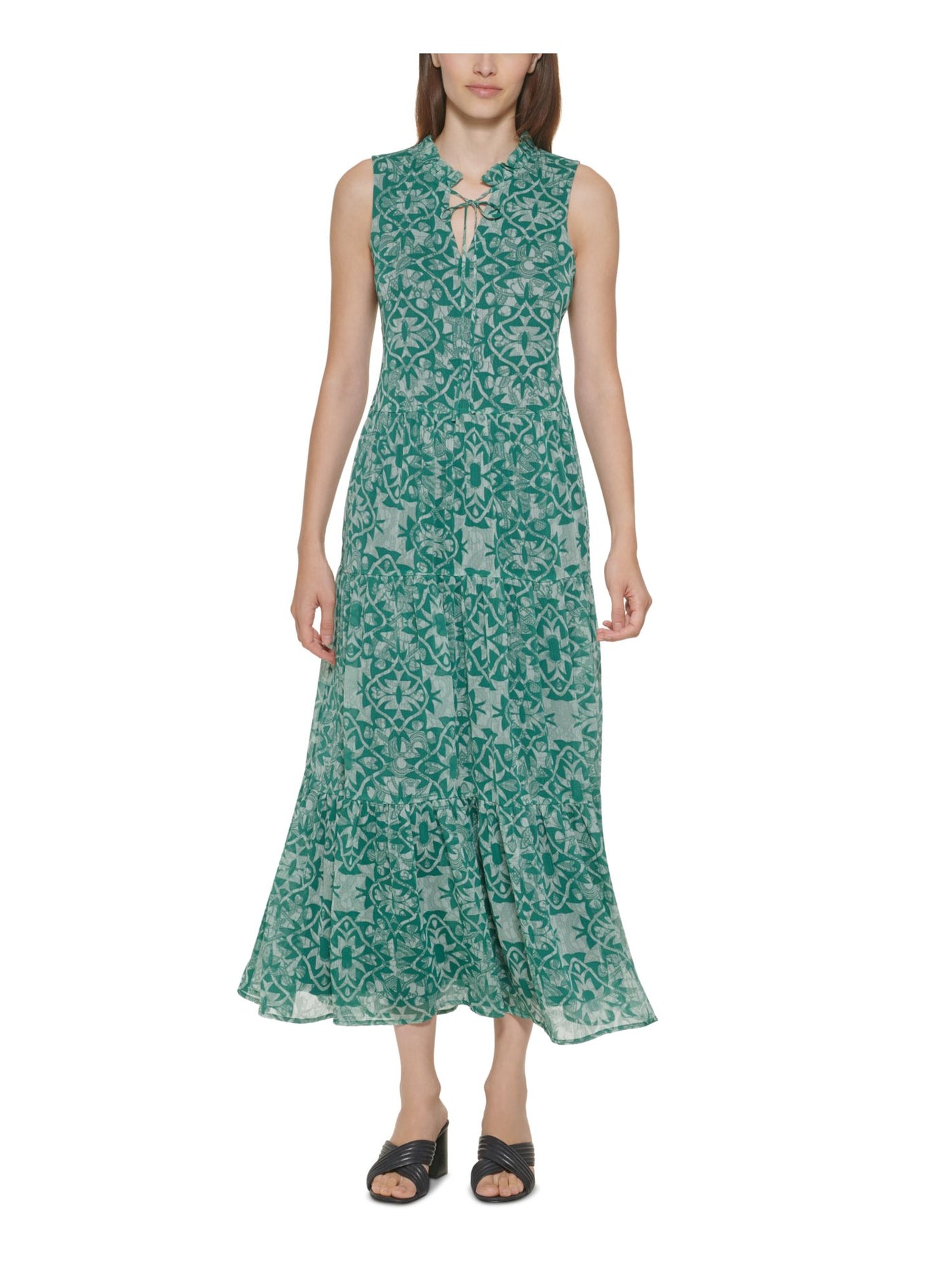 CALVIN KLEIN Womens Green Cut Out Pullover Tiered Lined Printed Sleeveless Tie Neck Maxi Wear To Work Fit + Flare Dress 4