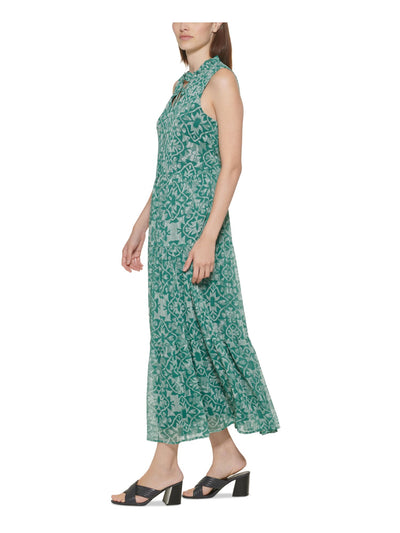 CALVIN KLEIN Womens Green Cut Out Pullover Tiered Lined Printed Sleeveless Tie Neck Maxi Wear To Work Fit + Flare Dress 4