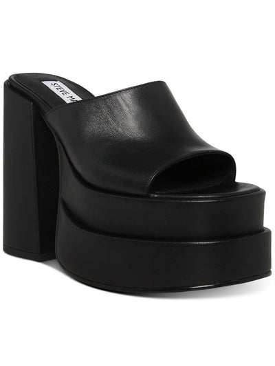 STEVE MADDEN Womens Black 2-1/2" Platform Padded Goring Cagey Round Toe Block Heel Slip On Leather Heeled Sandal 9.5 M