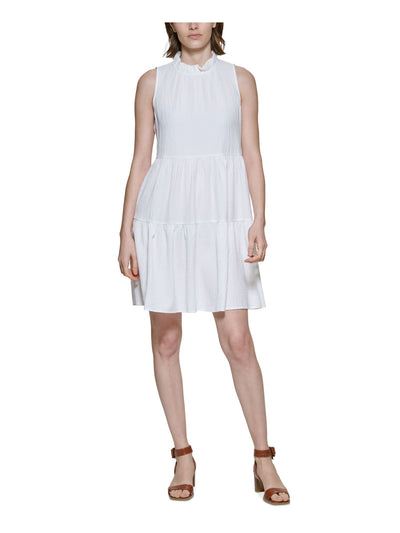 CALVIN KLEIN Womens Ivory Pocketed Ruffled Tiered Keyhole Button Back Sleeveless Mock Neck Above The Knee Fit + Flare Dress 14