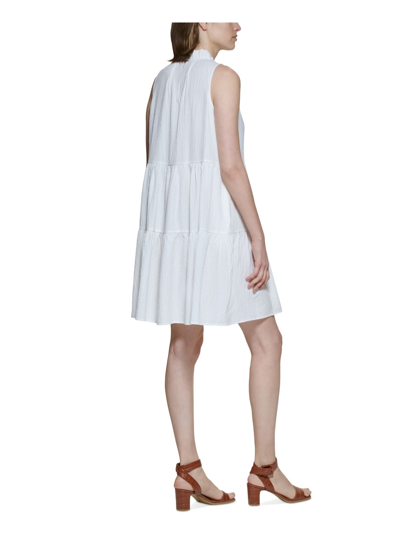 CALVIN KLEIN Womens Ivory Pocketed Ruffled Tiered Keyhole Button Back Sleeveless Mock Neck Above The Knee Fit + Flare Dress 14