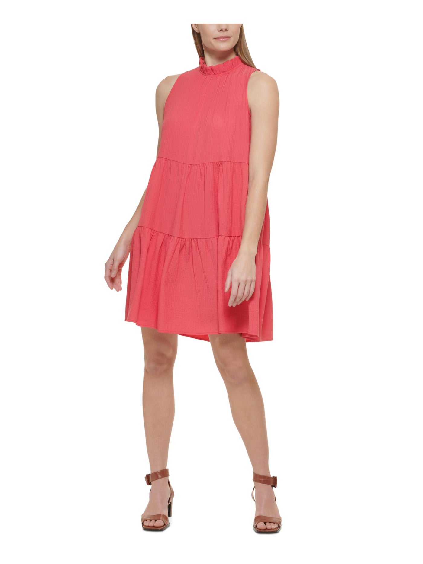 CALVIN KLEIN Womens Pink Pocketed Ruffled Back Button Keyhole Tiered Sleeveless Mock Neck Above The Knee A-Line Dress 6