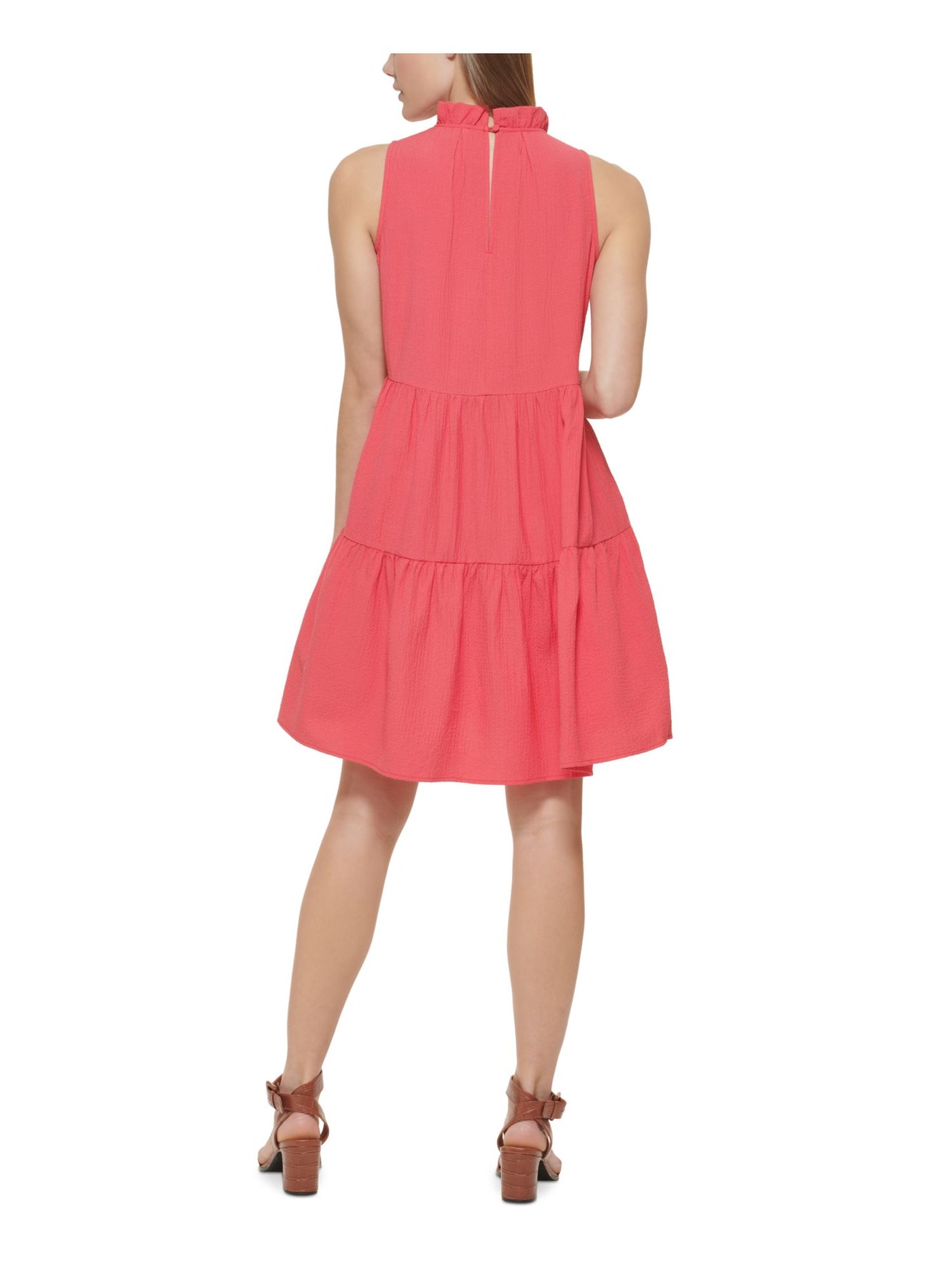 CALVIN KLEIN Womens Pink Pocketed Ruffled Back Button Keyhole Tiered Sleeveless Mock Neck Above The Knee A-Line Dress 10