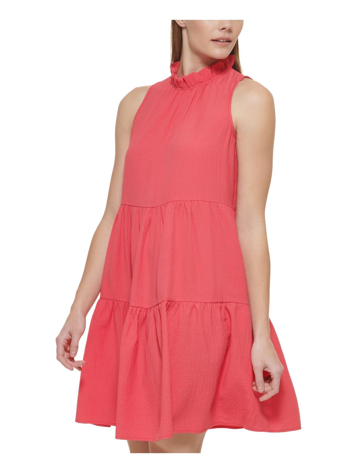 CALVIN KLEIN Womens Pink Pocketed Ruffled Back Button Keyhole Tiered Sleeveless Mock Neck Above The Knee A-Line Dress 6