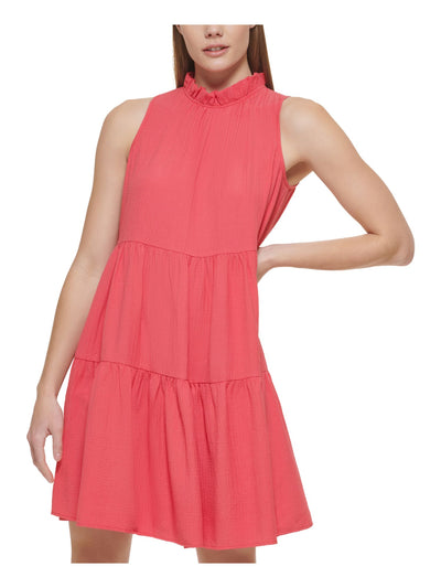 CALVIN KLEIN Womens Pink Pocketed Ruffled Back Button Keyhole Tiered Sleeveless Mock Neck Above The Knee A-Line Dress 12