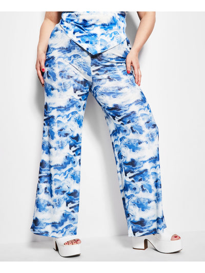 ROYALTY Womens Blue Textured Sheer Pull On Lined Printed Flare Pants S