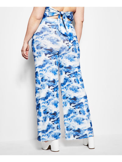ROYALTY Womens Blue Textured Sheer Pull On Lined Printed Flare Pants S