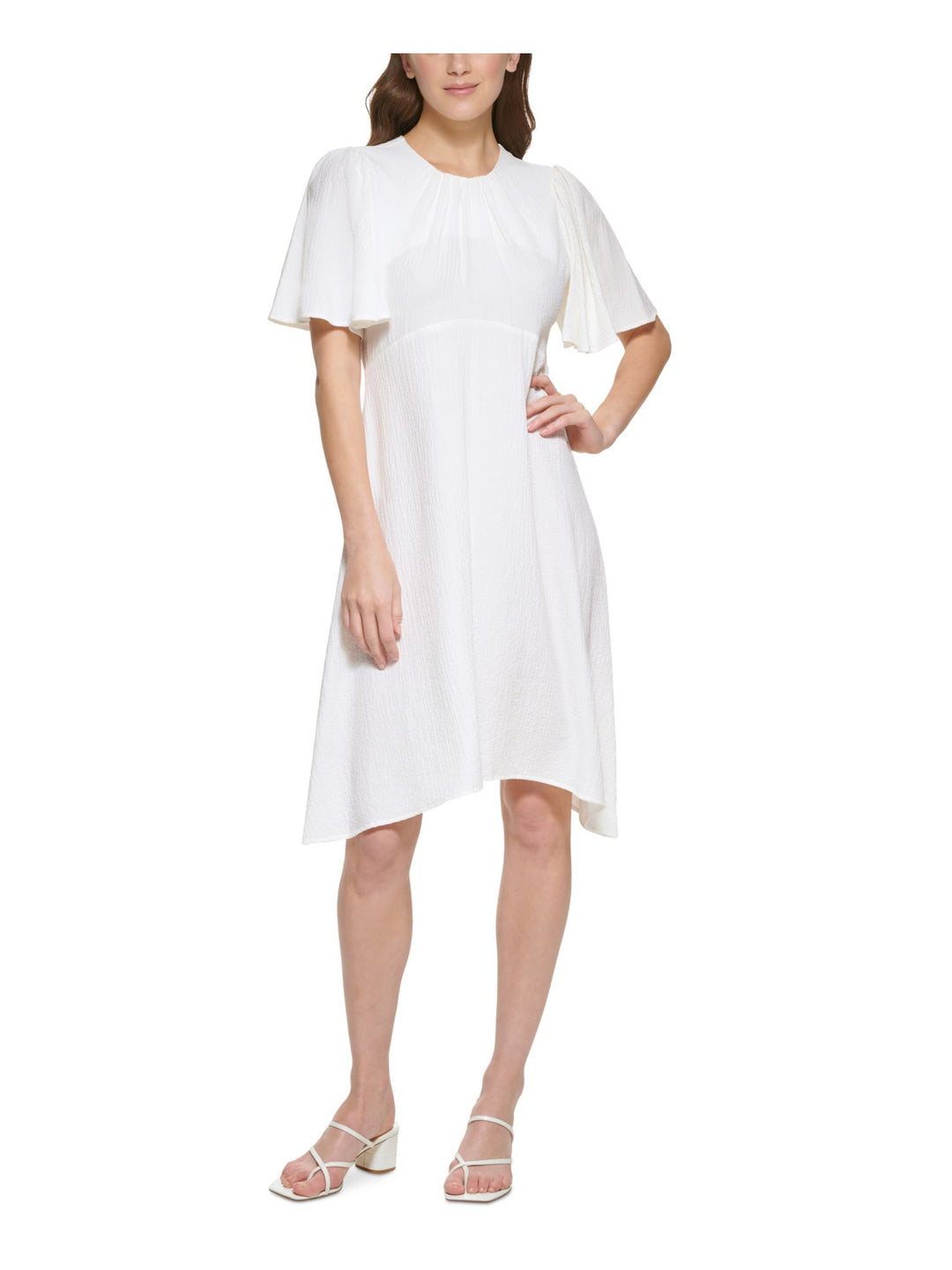 ivory calvin klein dress CALVIN KLEIN Womens Ivory Textured Zippered Gathered Flutter Sleeve Round  Neck Knee Length Party Sheath Dress