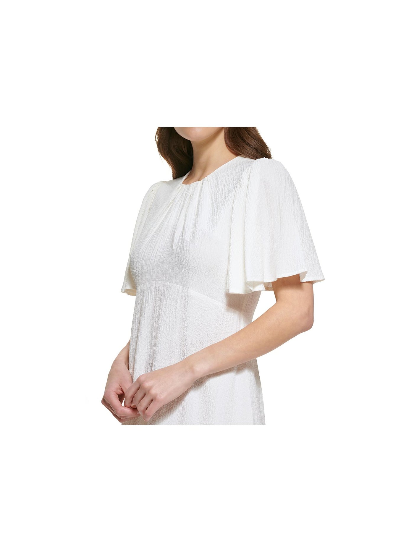 CALVIN KLEIN Womens White Textured Zippered Gathered Flutter Sleeve Round Neck Knee Length Party Sheath Dress 4