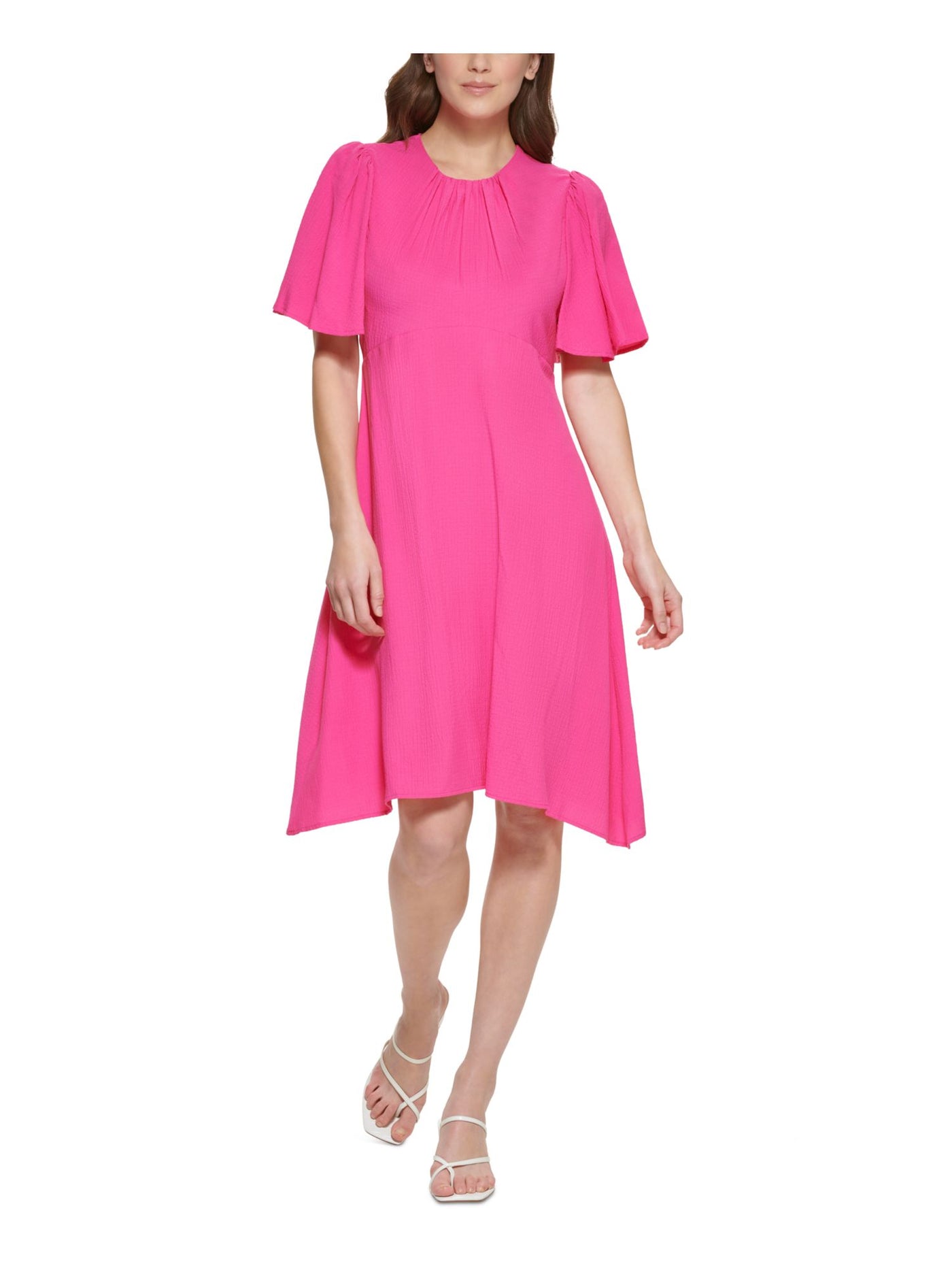 CALVIN KLEIN Womens Pink Textured Zippered Gathered Flutter Sleeve Round Neck Knee Length Party Sheath Dress 10