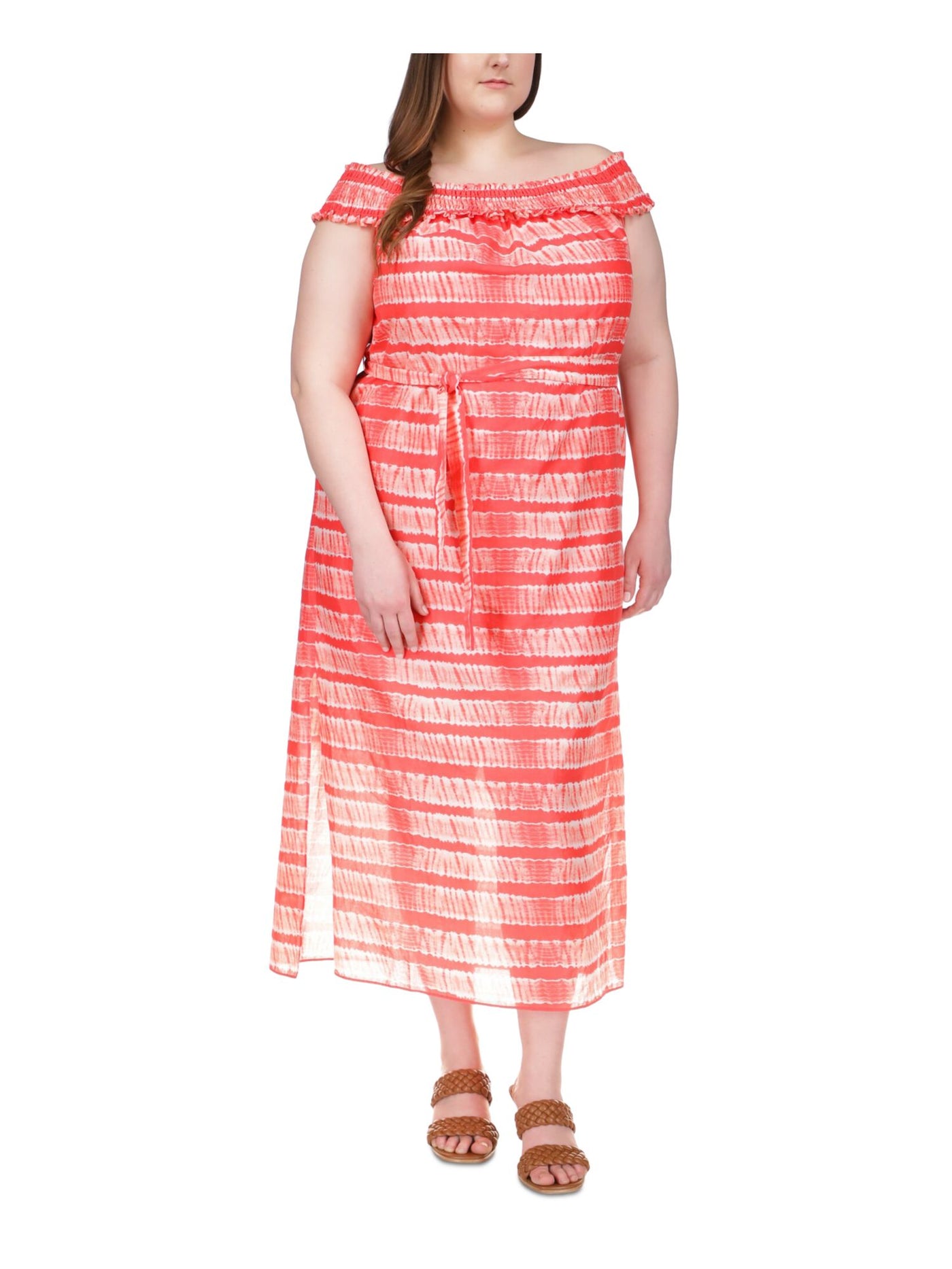 MICHAEL KORS Womens Orange Sheer Slitted Smocked Lined Printed Short Sleeve Off Shoulder Maxi Shift Dress Plus 2X