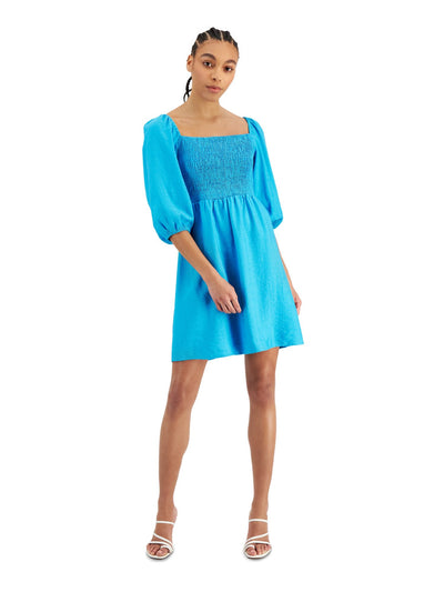 BAR III Womens Smocked Pouf Sleeve Square Neck Short Fit + Flare Dress