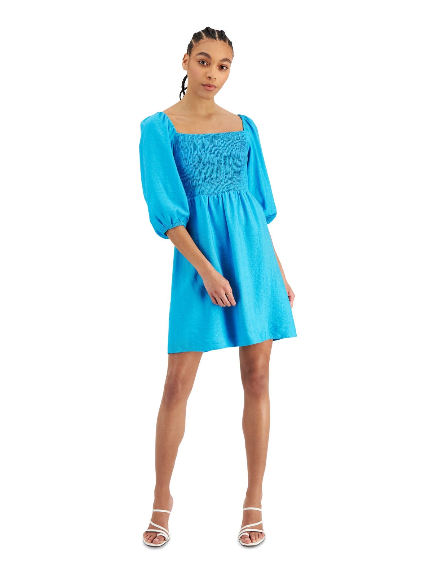 BAR III Womens Blue Smocked Textured Elastic Cuffs Pouf Sleeve Square Neck Short Fit + Flare Dress L