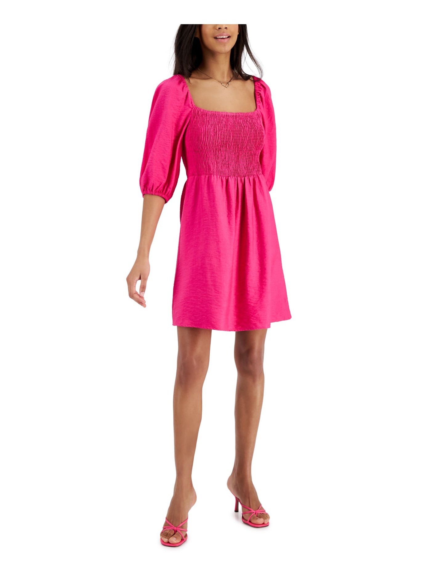 BAR III Womens Pink Smocked Textured Lined Elastic Cuffs Pouf Sleeve Square Neck Above The Knee Fit + Flare Dress S