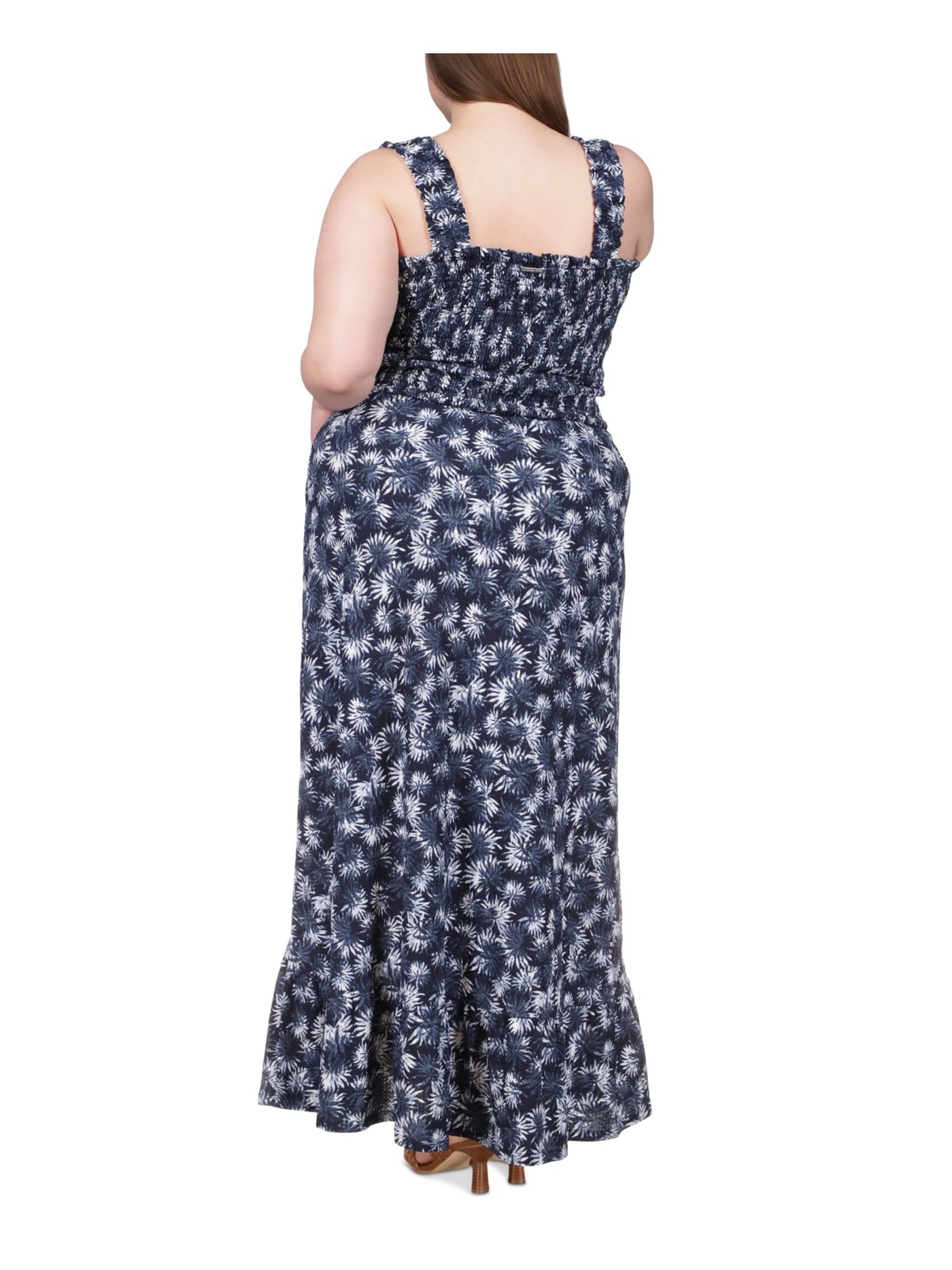 MICHAEL MICHAEL KORS Womens Navy Smocked Ruffled Pullover Floral Sleeveless Square Neck Maxi Fit + Flare Dress Plus 1X