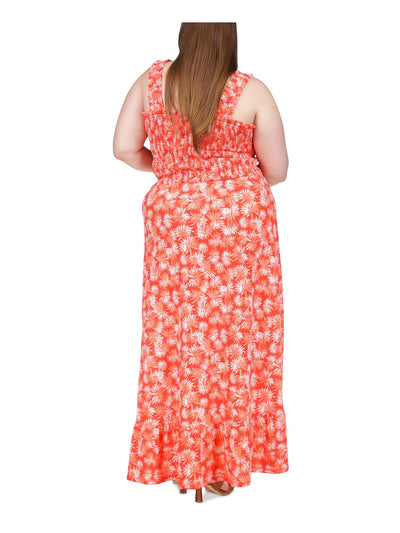 MICHAEL KORS Womens Orange Smocked Ruffled Hem Printed Sleeveless Square Neck Maxi Fit + Flare Dress Plus 2X