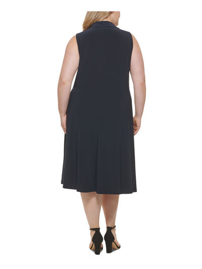 TOMMY HILFIGER Womens Navy Twist Front Pullover Sleeveless V Neck Below The Knee Fit + Flare Dress Plus 14W