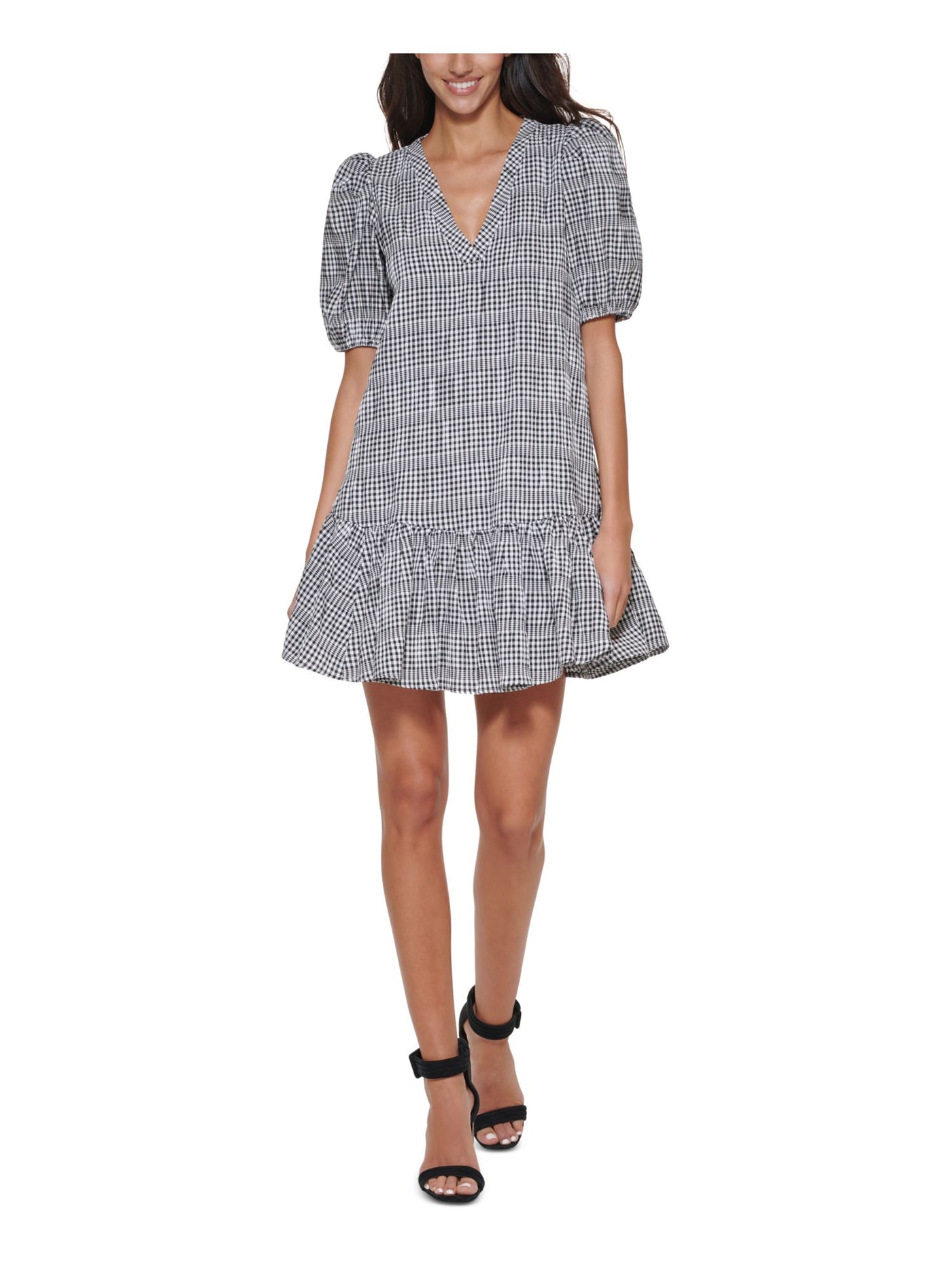 CALVIN KLEIN Womens Black Ruffled Check Pouf Sleeve V Neck Above The Knee Wear To Work Shift Dress Petites 2P