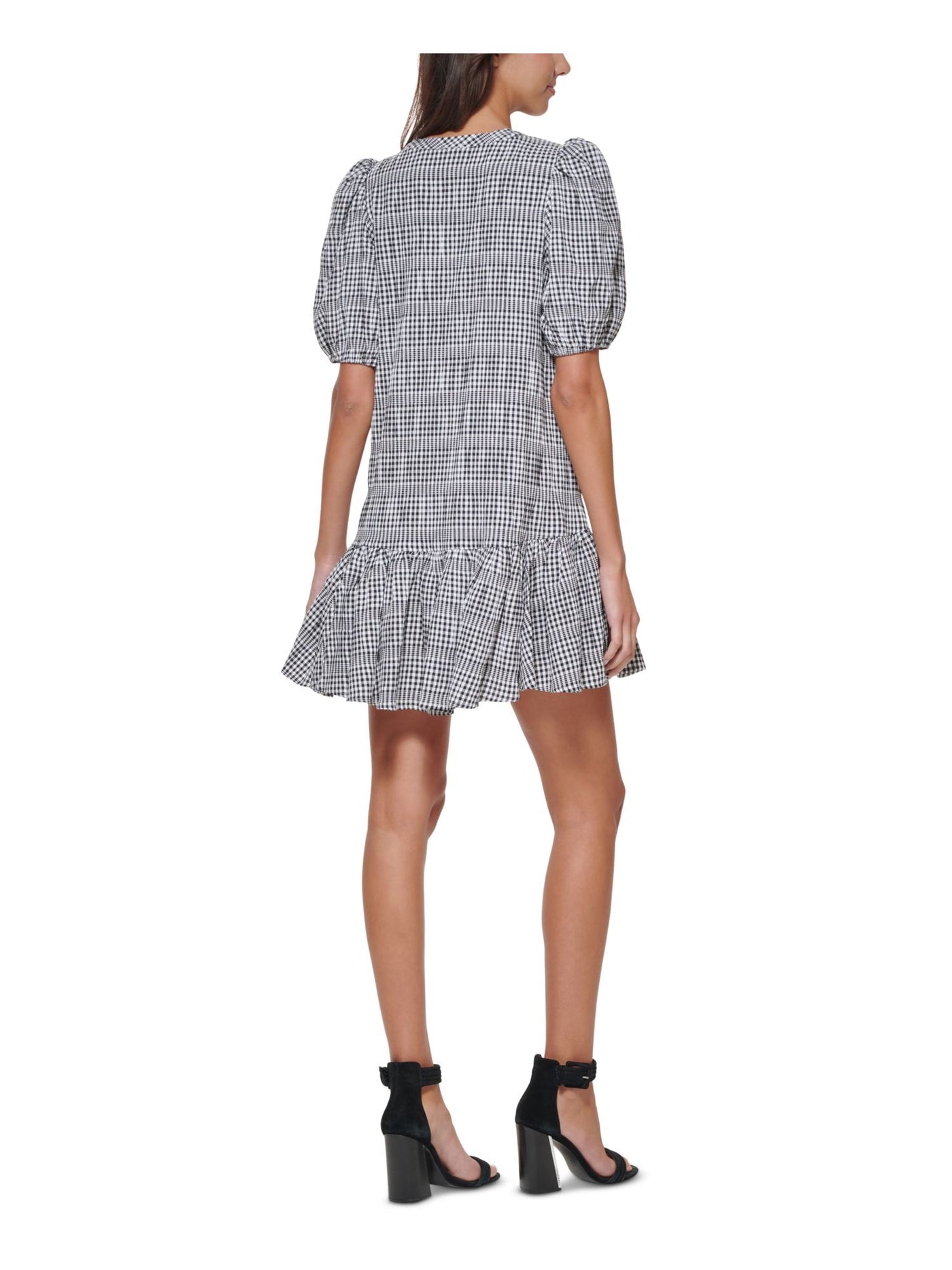 CALVIN KLEIN Womens Black Ruffled Check Pouf Sleeve V Neck Above The Knee Wear To Work Shift Dress Petites 2P