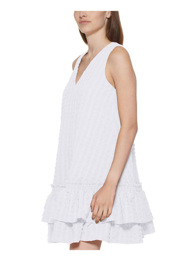 CALVIN KLEIN Womens White Zippered Textured Ruffled Neckline Tiered Hem Flutter Sleeve V Neck Above The Knee Fit + Flare Dress Petites 6P