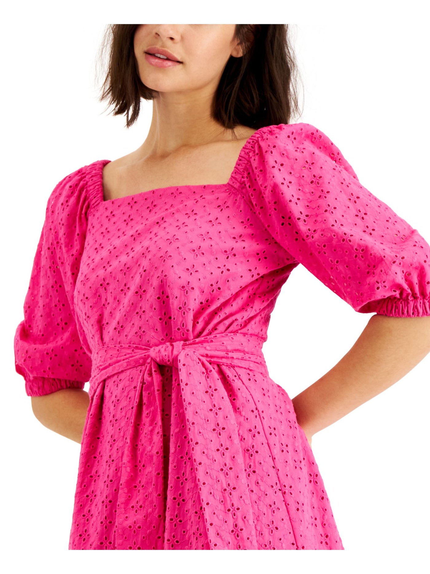 ANNE KLEIN Womens Pink Eyelet Lined Tie Belt Pouf Sleeve Square Neck Above The Knee Fit + Flare Dress 2