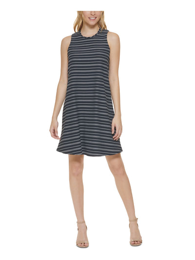 TOMMY HILFIGER Womens Navy Textured Keyhole Back Button Closure Striped Sleeveless Crew Neck Above The Knee Shift Dress 14