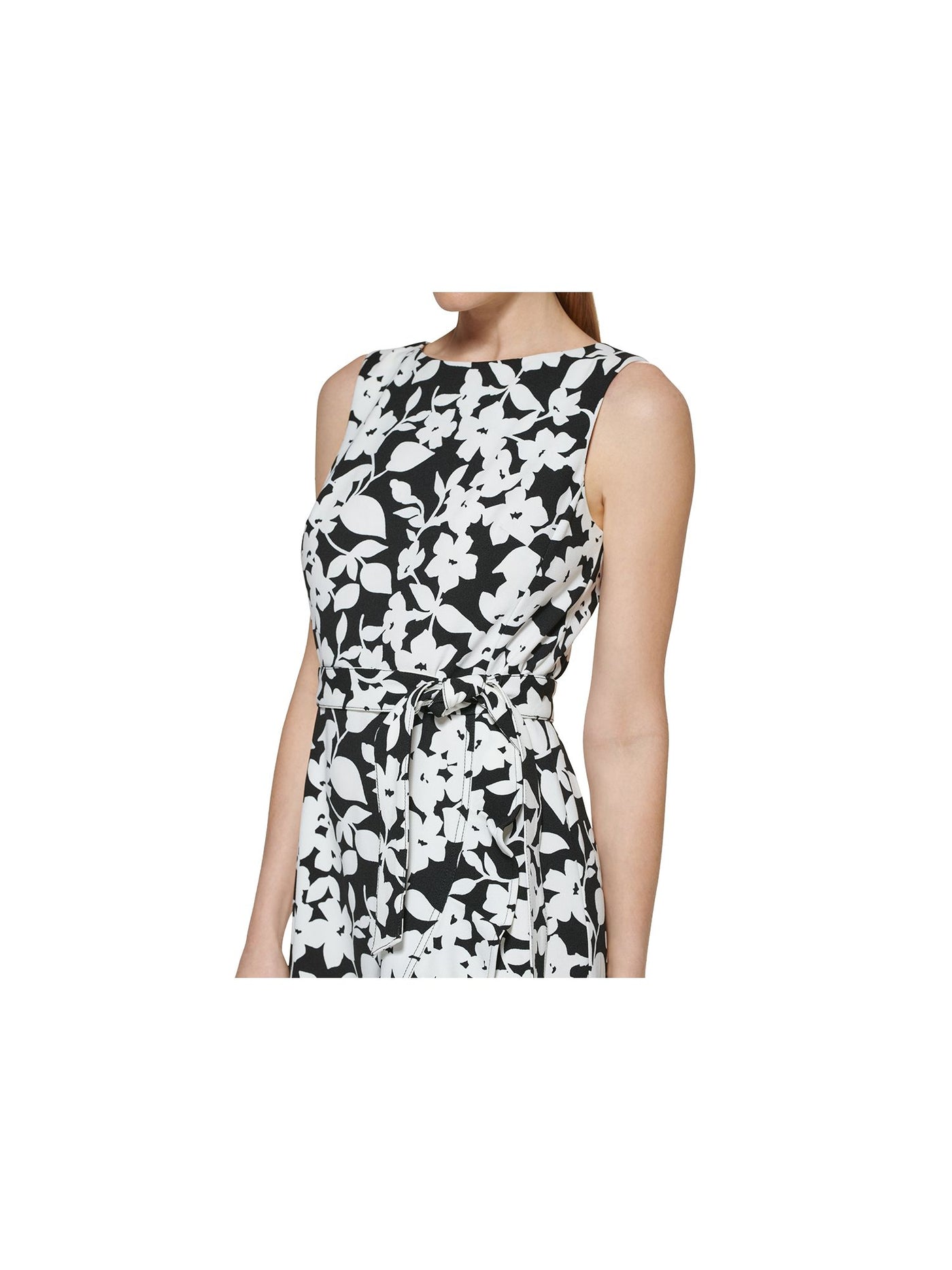 CALVIN KLEIN Womens Black Zippered Textured Tie Darted Cascade Ruffle Unline Floral Sleeveless Boat Neck Knee Length Fit + Flare Dress Petites 4P