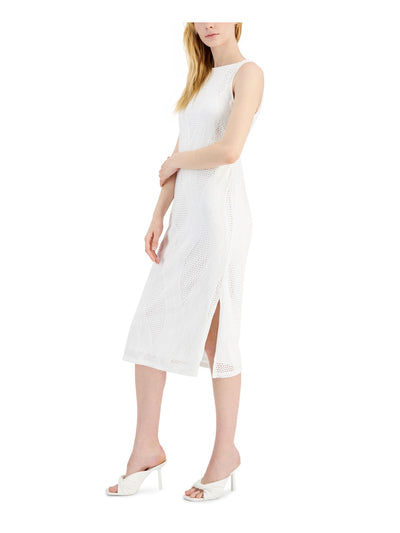 INC DRESSES Womens White Zippered Slitted Keyhole Back Lined Sleeveless Round Neck Midi Wear To Work Sheath Dress 2