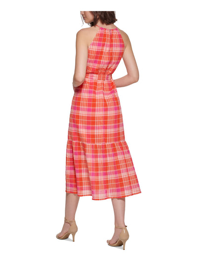 TOMMY HILFIGER Womens Red Tie Keyhole Back Lined Sheer Plaid Sleeveless Halter Midi Fit + Flare Dress 6