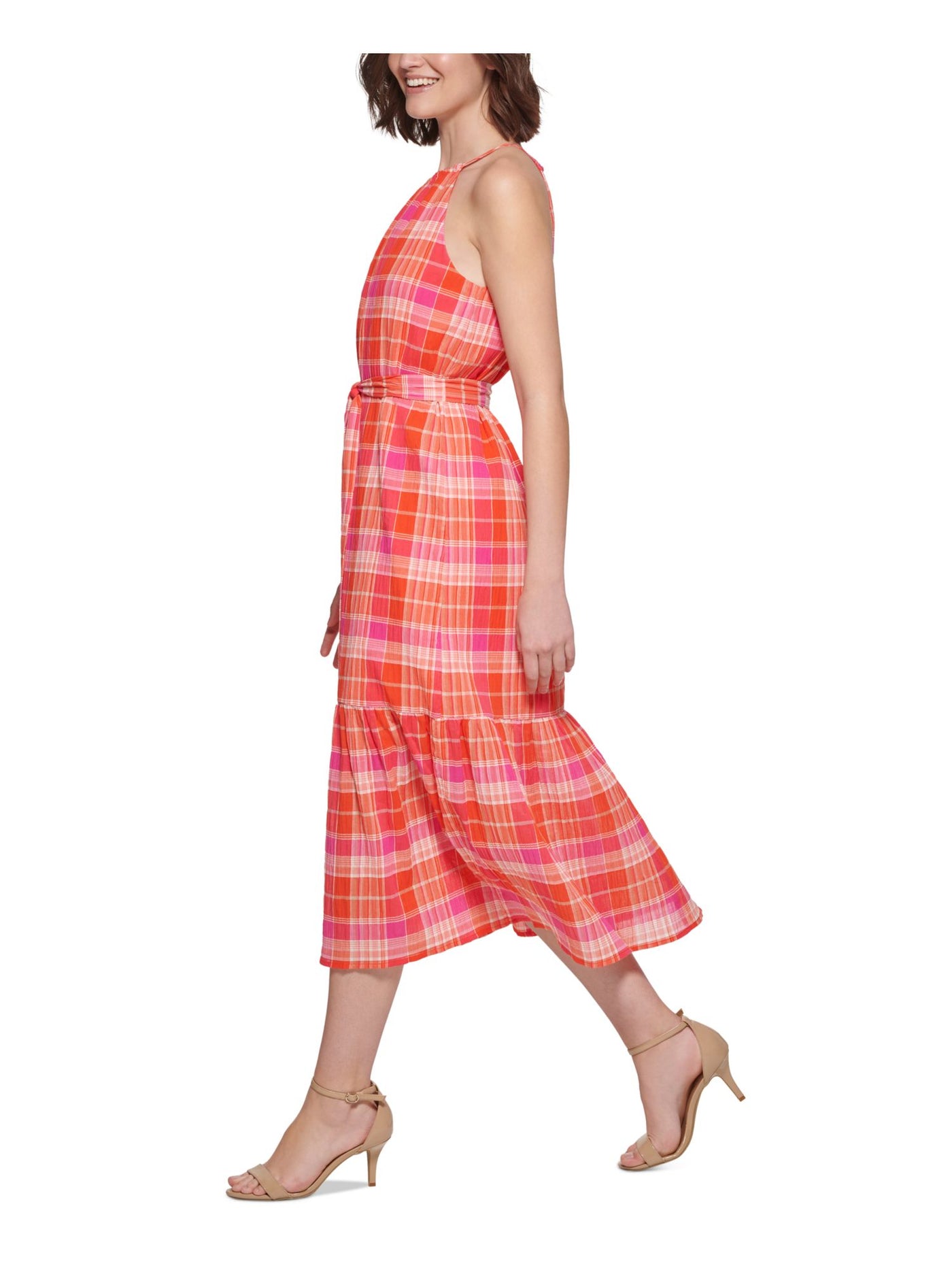 TOMMY HILFIGER Womens Red Tie Keyhole Back Lined Sheer Plaid Sleeveless Halter Midi Fit + Flare Dress 6
