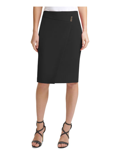 DKNY Womens Black Zippered Asymmetric Crossover Knee Length Wear To Work Pencil Skirt Petites 6P