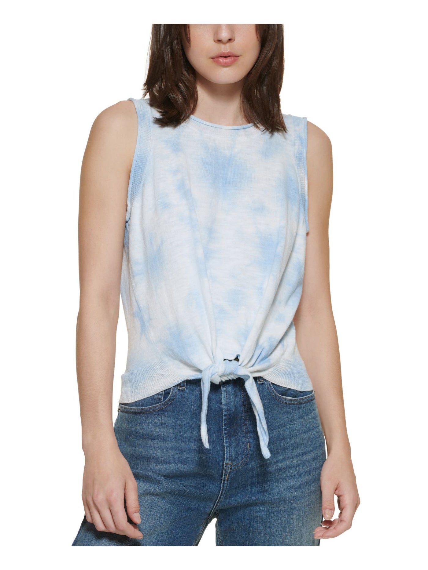 DKNY JEANS Womens Light Blue Ribbed Tie Front Pullover Tie Dye Sleeveless Crew Neck Tank Top XXS