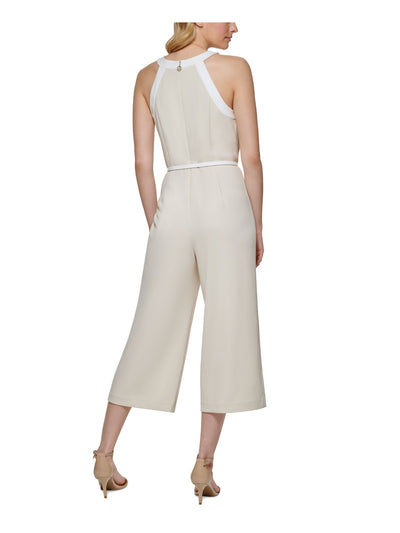 TOMMY HILFIGER Womens Beige Zippered Belted Lined Bodice Color Block Sleeveless Halter Wide Leg Jumpsuit 16