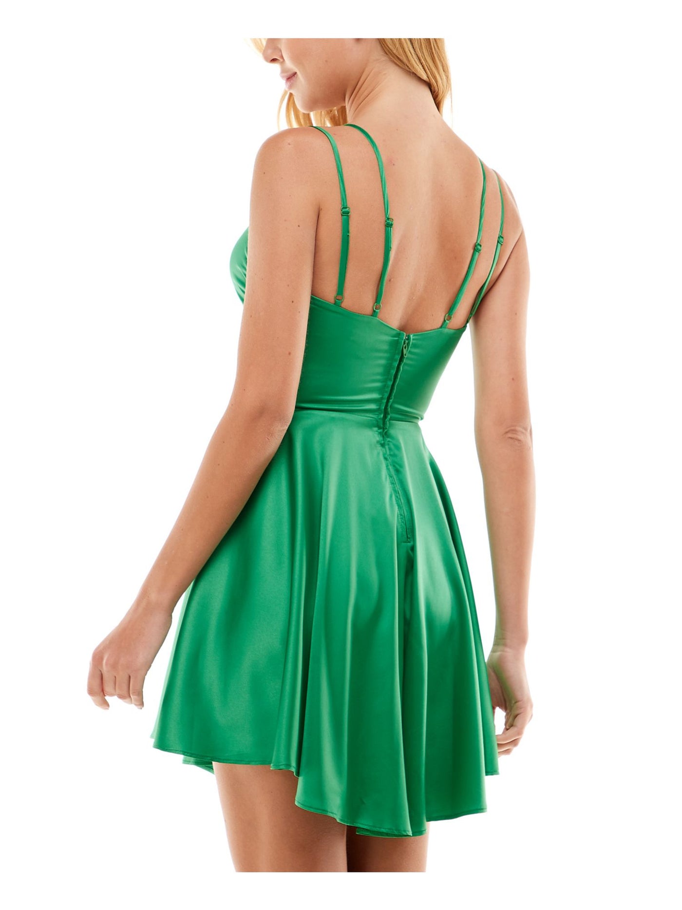 CITY STUDIO Womens Green Satin Zippered Unlined Strappy Molded Cups Spaghetti Strap V Neck Short Party Fit + Flare Dress Juniors 7