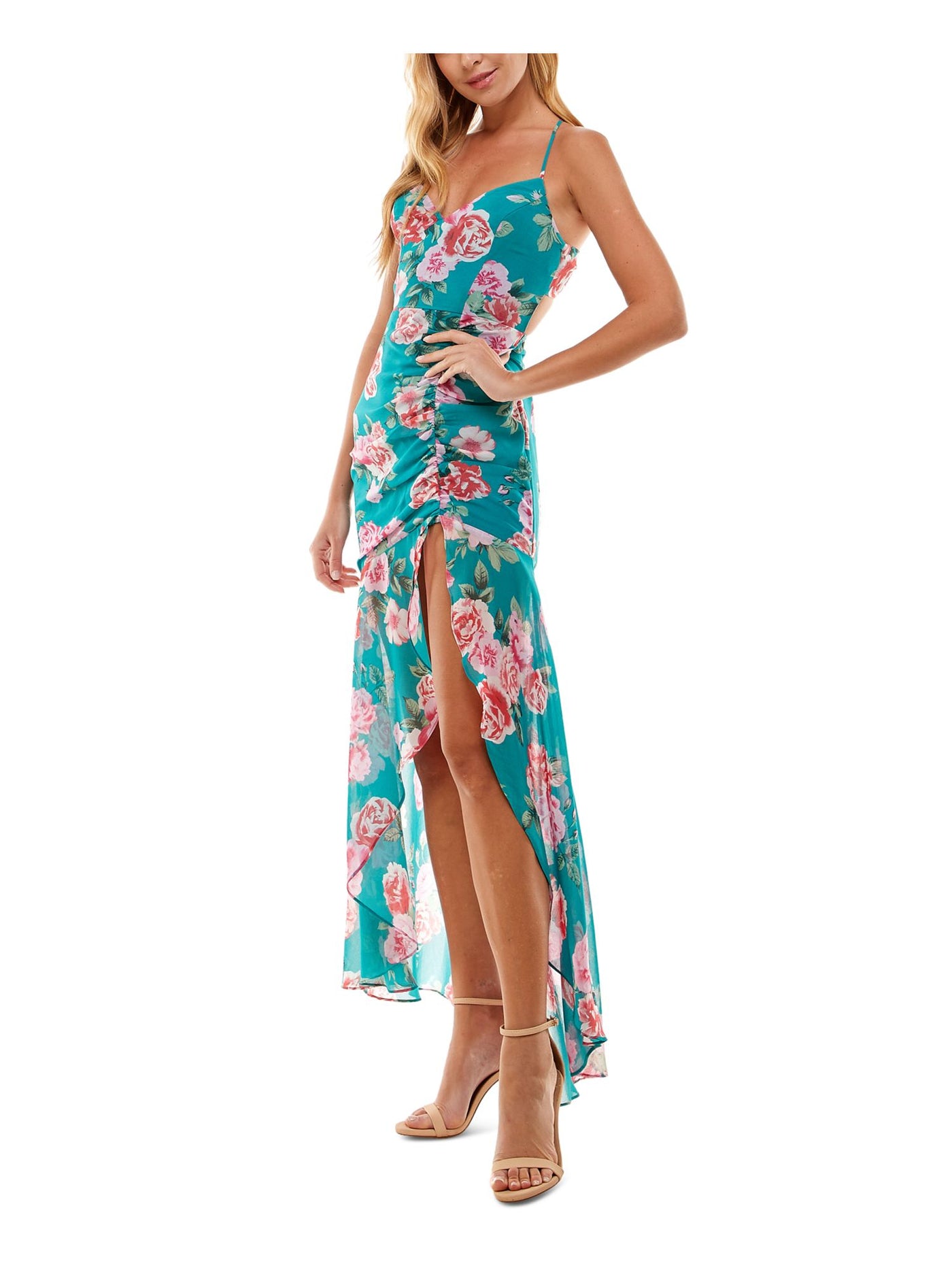 CITY STUDIO Womens Teal Ruched Lined Tie Sheer Floral Spaghetti Strap V Neck Midi Hi-Lo Dress XXS