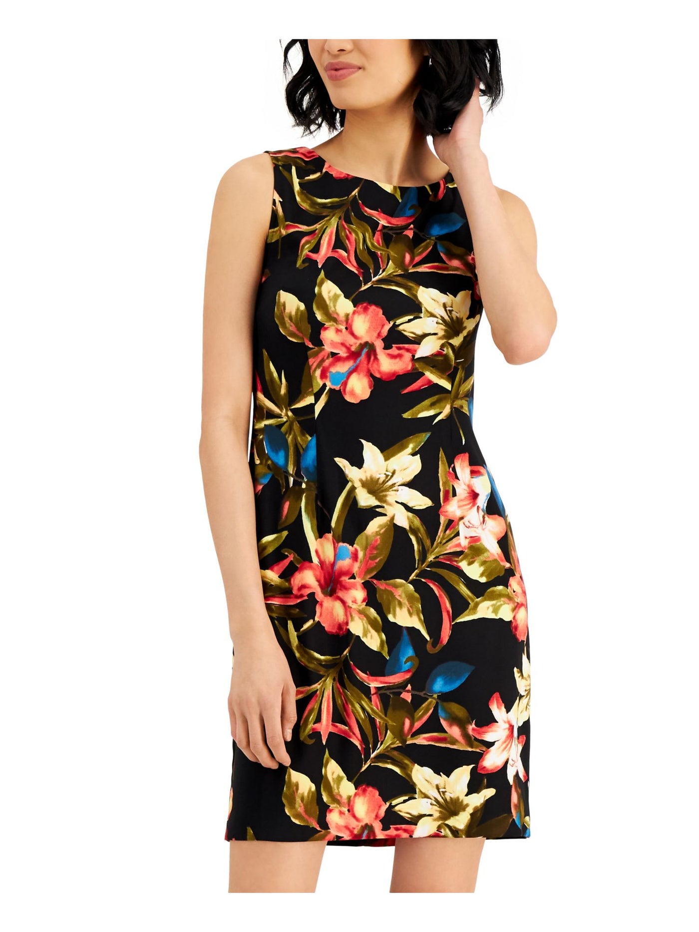 CONNECTED APPAREL Womens Black Zippered Unlined Floral Sleeveless Boat Neck Above The Knee Sheath Dress 4