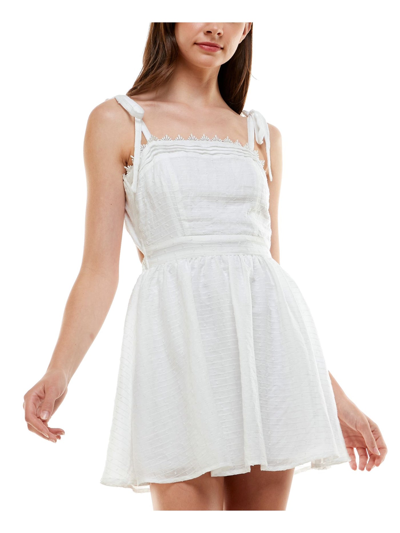 TRIXXI Womens White Tie Crochet Trim Cut Out Back Lined Sleeveless Square Neck Mini Fit + Flare Dress Juniors XXL