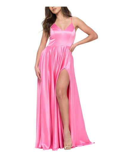 B DARLIN Womens Pink Zippered Pocketed Thigh-high Slit Bra Cups Lined Spaghetti Strap V Neck Full-Length Party Gown Dress Juniors 13\14