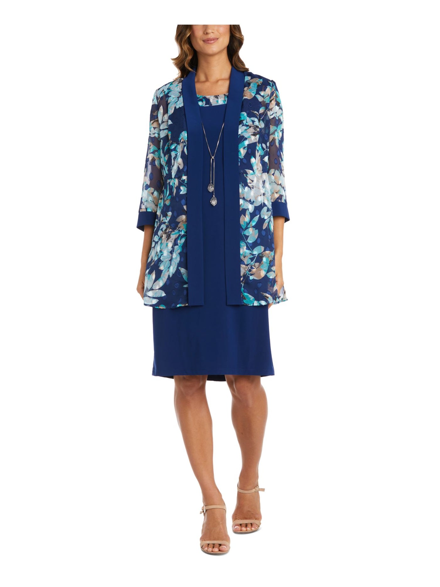 R&M RICHARDS WOMAN Womens Navy Sheer Floral 3/4 Sleeve Open Front Cardigan Plus 20W