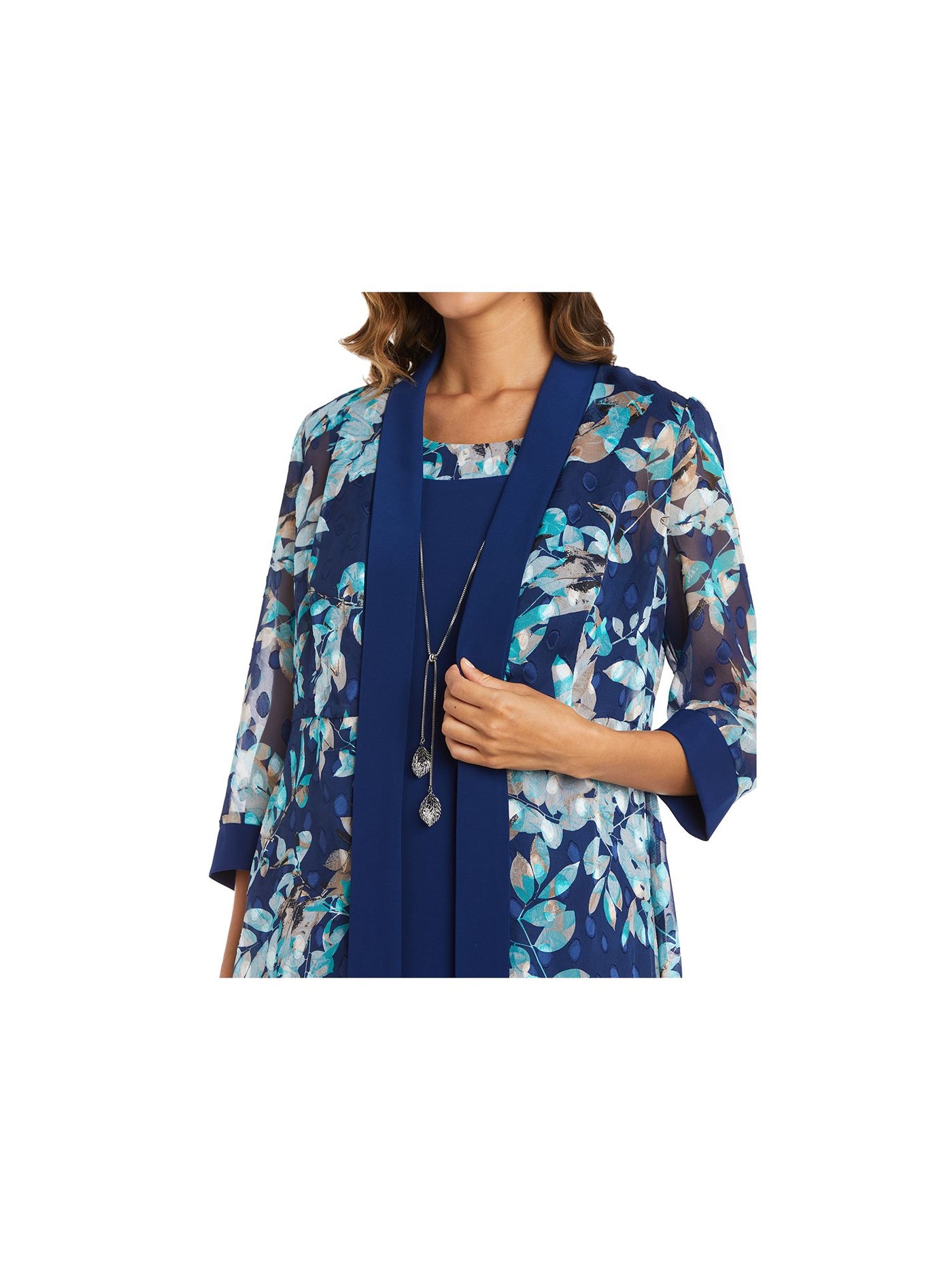 R&M RICHARDS WOMAN Womens Navy Sheer Floral 3/4 Sleeve Open Front Cardigan Plus 16W