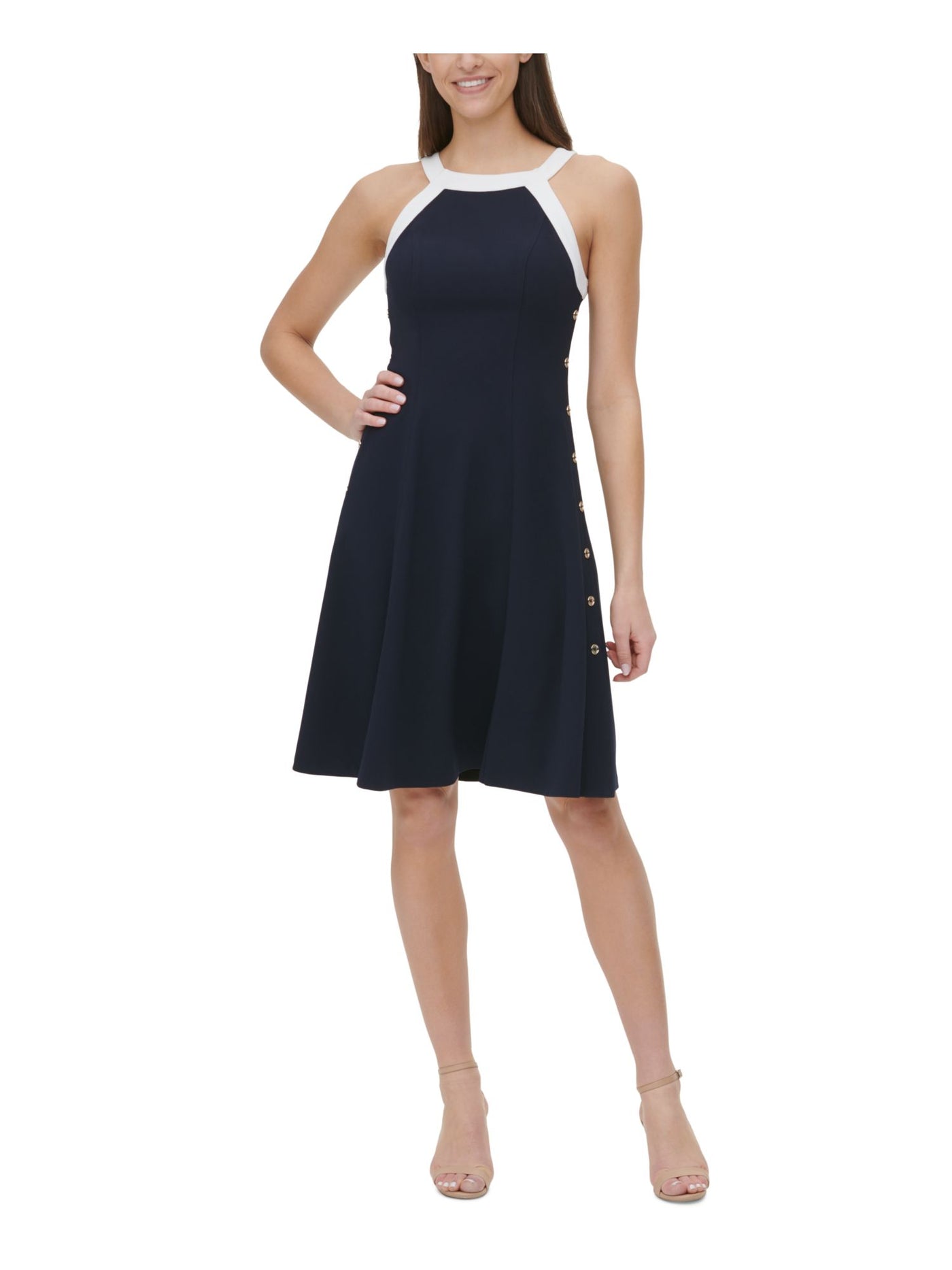 TOMMY HILFIGER Womens Navy Zippered Button Detail Unlined Color Block Sleeveless Halter Above The Knee Fit + Flare Dress Petites 2P